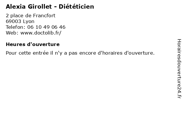 Alexia Girollet - Diététicien à Lyon: adresse et heures d'ouverture