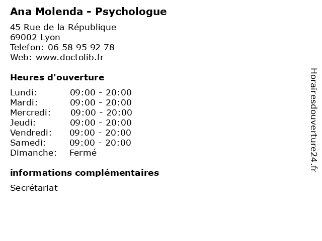 Ana Molenda - Psychologue à Lyon: adresse et heures d'ouverture