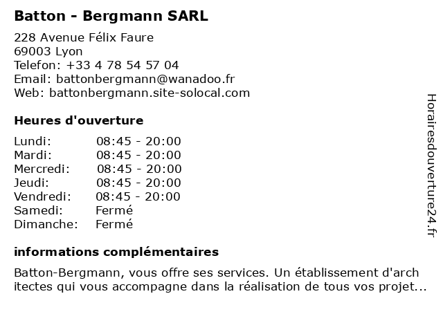 Batton Bergmann Sarl à Lyon: adresse et heures d'ouverture