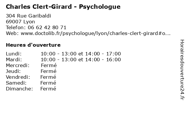Charles Clert-Girard - Psychologue à Lyon: adresse et heures d'ouverture