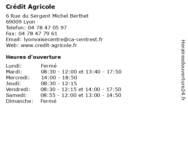Crédit Agricole à Lyon: adresse et heures d'ouverture