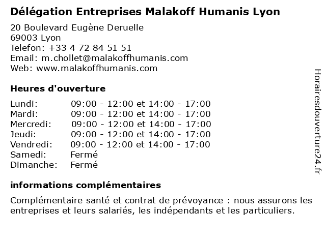 Délégation Entreprises Malakoff Humanis Lyon à Lyon: adresse et heures d'ouverture