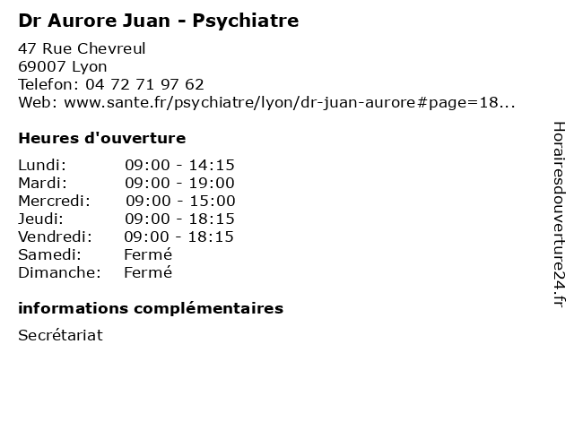Dr Aurore Juan - Psychiatre à Lyon: adresse et heures d'ouverture