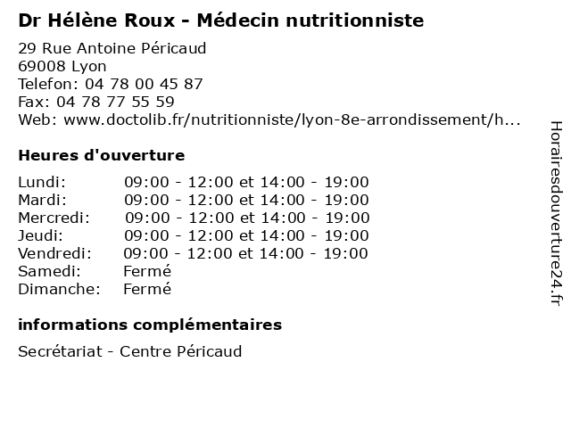 Dr Hélène Roux - Médecin nutritionniste à Lyon: adresse et heures d'ouverture