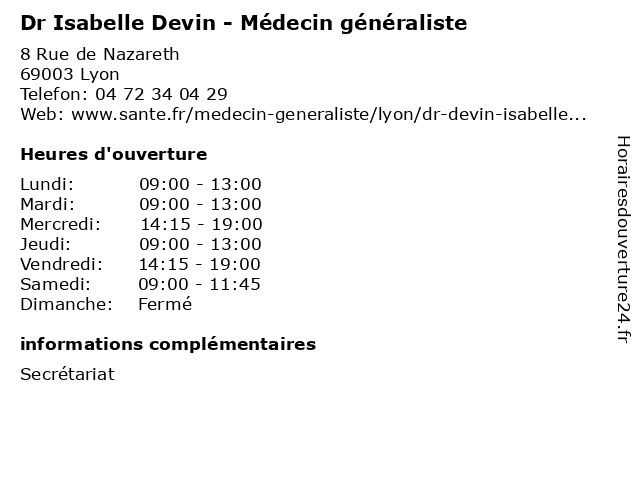 Dr Isabelle Devin - Médecin généraliste à Lyon: adresse et heures d'ouverture