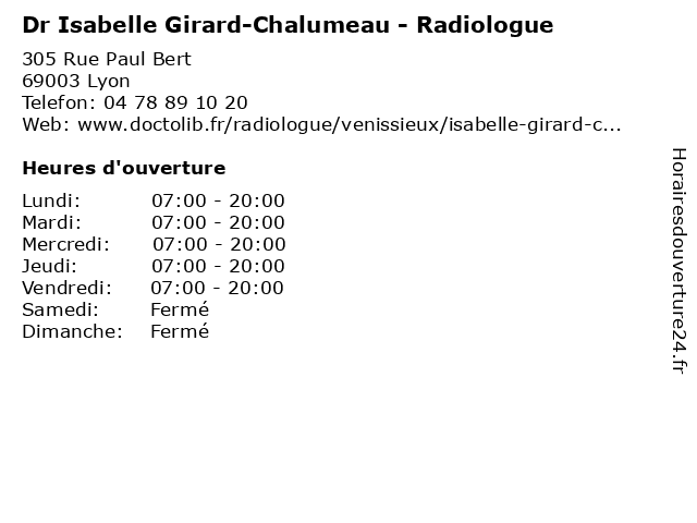 Dr Isabelle Girard-Chalumeau - Radiologue à Lyon: adresse et heures d'ouverture