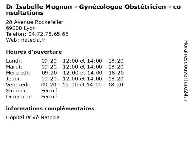 Dr Isabelle Mugnon - Gynécologue Obstétricien - consultations à Lyon: adresse et heures d'ouverture