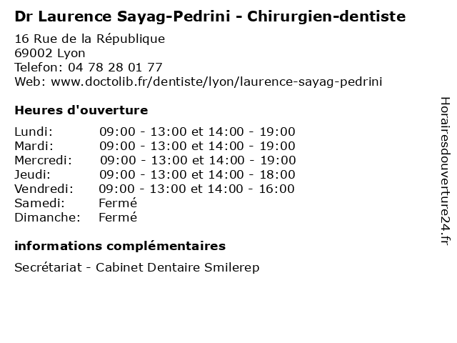 Dr Laurence Sayag-Pedrini - Chirurgien-dentiste à Lyon: adresse et heures d'ouverture