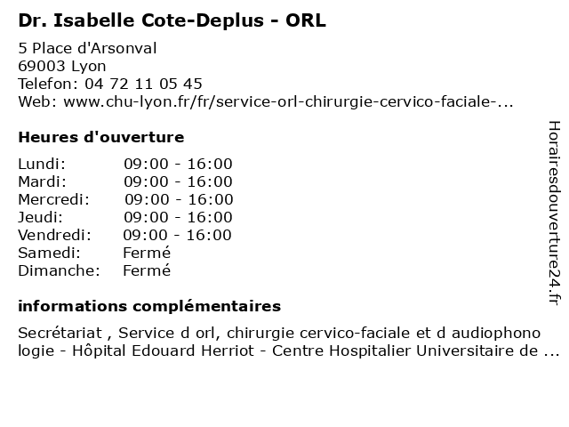 Dr. Isabelle Cote-Deplus - ORL à Lyon: adresse et heures d'ouverture