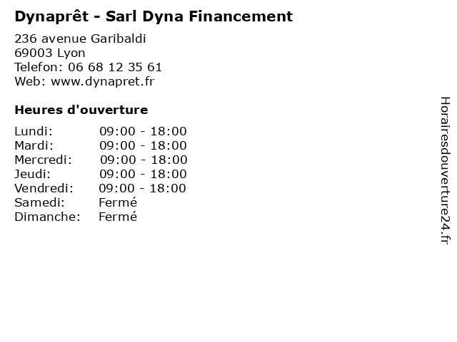 Dynaprêt - Sarl Dyna Financement à Lyon: adresse et heures d'ouverture