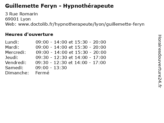 Guillemette Feryn - Hypnothérapeute à Lyon: adresse et heures d'ouverture
