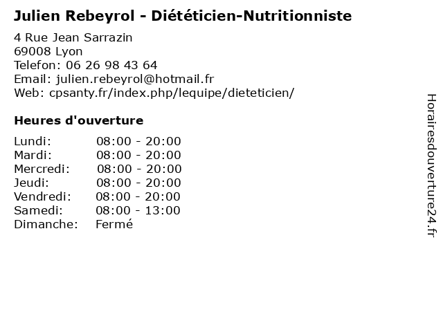Julien Rebeyrol - Diététicien-Nutritionniste à Lyon: adresse et heures d'ouverture