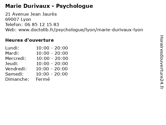 Marie Durivaux - Psychologue à Lyon: adresse et heures d'ouverture