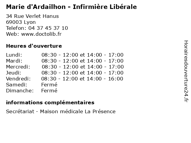Marie d'Ardailhon - Infirmière Libérale à Lyon: adresse et heures d'ouverture
