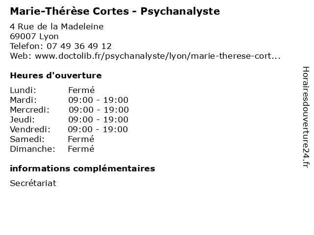 Marie-Thérèse Cortes - Psychanalyste à Lyon: adresse et heures d'ouverture