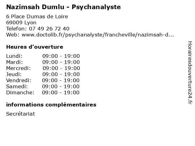 Nazimsah Dumlu - Psychanalyste à Lyon: adresse et heures d'ouverture