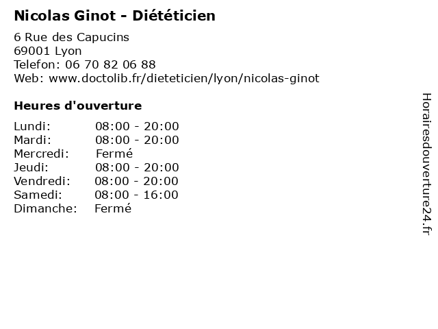 Nicolas Ginot - Diététicien à Lyon: adresse et heures d'ouverture