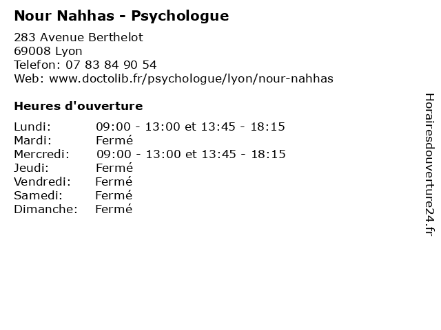 Nour Nahhas - Psychologue à Lyon: adresse et heures d'ouverture