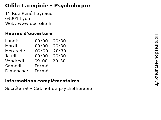 Odile Lareginie - Psychologue à Lyon: adresse et heures d'ouverture