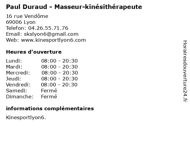 Paul Duraud - Masseur-kinésithérapeute à Lyon: adresse et heures d'ouverture