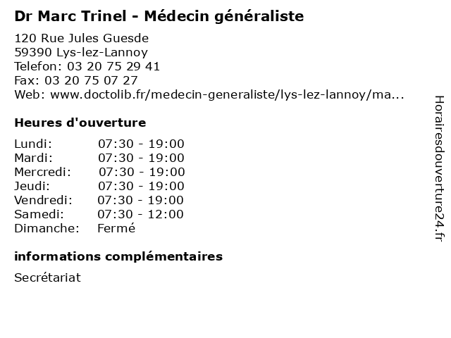 Dr Marc Trinel - Médecin généraliste à Lys-lez-Lannoy: adresse et heures d'ouverture