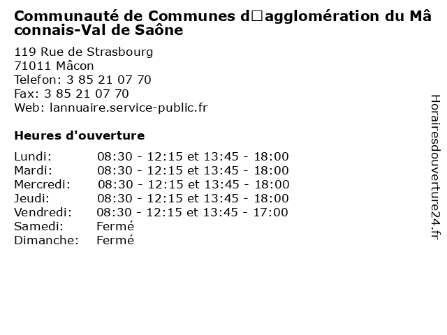 Communauté de Communes d’agglomération du Mâconnais-Val de Saône à Mâcon: adresse et heures d'ouverture
