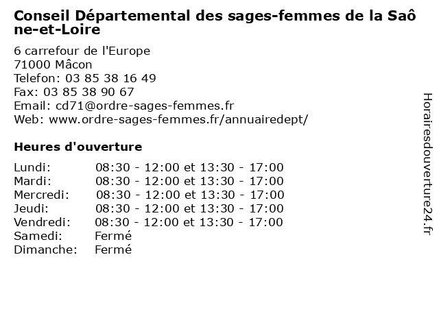 Conseil Départemental des sages-femmes de la Saône-et-Loire à Mâcon: adresse et heures d'ouverture