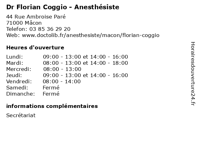 Dr Florian Coggio - Anesthésiste à Mâcon: adresse et heures d'ouverture