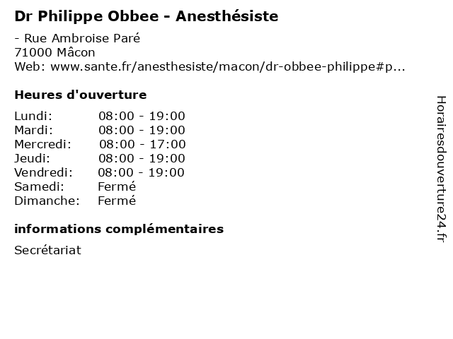 Dr Philippe Obbee - Anesthésiste à Mâcon: adresse et heures d'ouverture