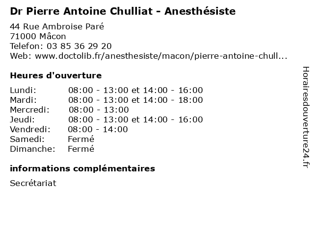 Dr Pierre Antoine Chulliat - Anesthésiste à Mâcon: adresse et heures d'ouverture