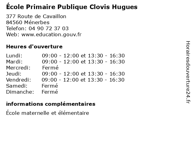 École Primaire Publique Clovis Hugues à Ménerbes: adresse et heures d'ouverture