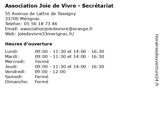 Association Joie de Vivre - Secrétariat à Mérignac: adresse et heures d'ouverture