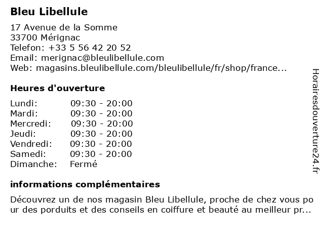 Bleu Libellule à Mérignac: adresse et heures d'ouverture