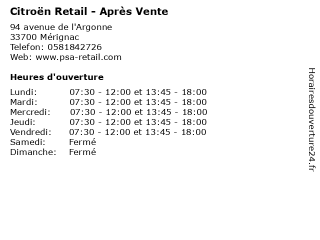 Citroën Retail - Après Vente à Mérignac: adresse et heures d'ouverture