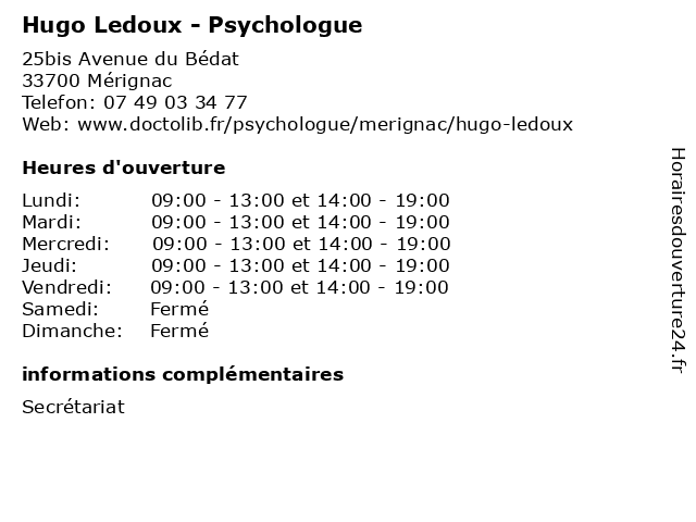 Hugo Ledoux - Psychologue à Mérignac: adresse et heures d'ouverture