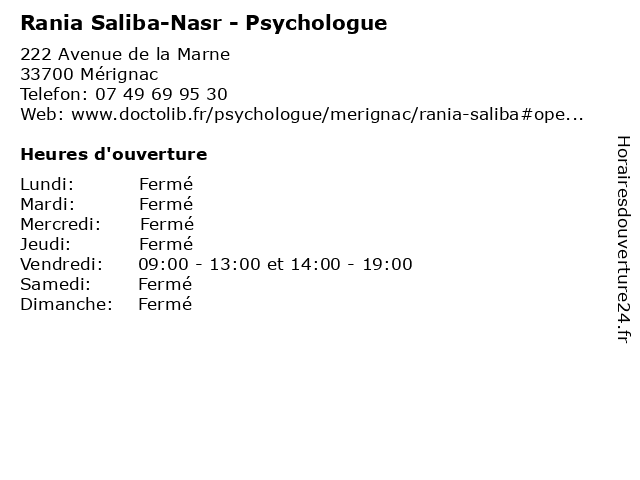 Rania Saliba-Nasr - Psychologue à Mérignac: adresse et heures d'ouverture