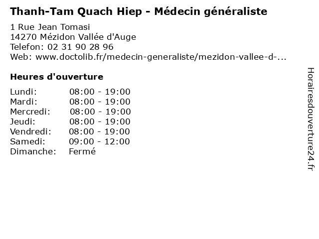 Thanh-Tam Quach Hiep - Médecin généraliste à Mézidon Vallée d'Auge: adresse et heures d'ouverture