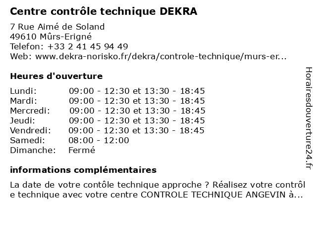 Centre contrôle technique DEKRA à Mûrs-Erigné: adresse et heures d'ouverture