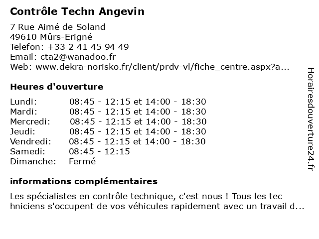 Contrôle Techn Angevin à Mûrs-Erigné: adresse et heures d'ouverture