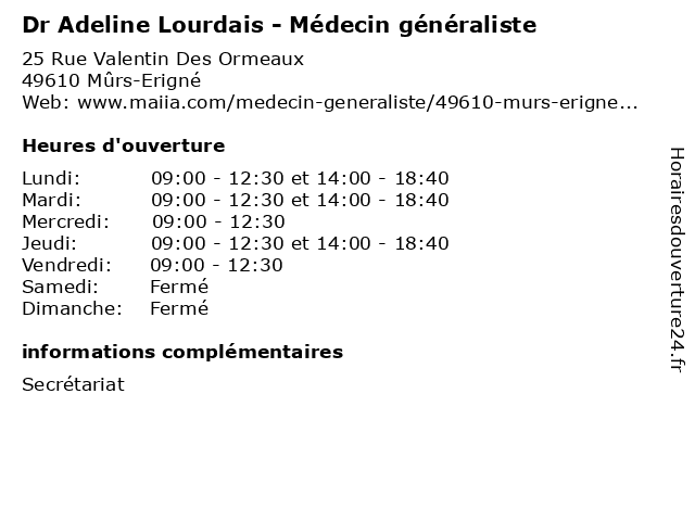 Dr Adeline Lourdais - Médecin généraliste à Mûrs-Erigné: adresse et heures d'ouverture