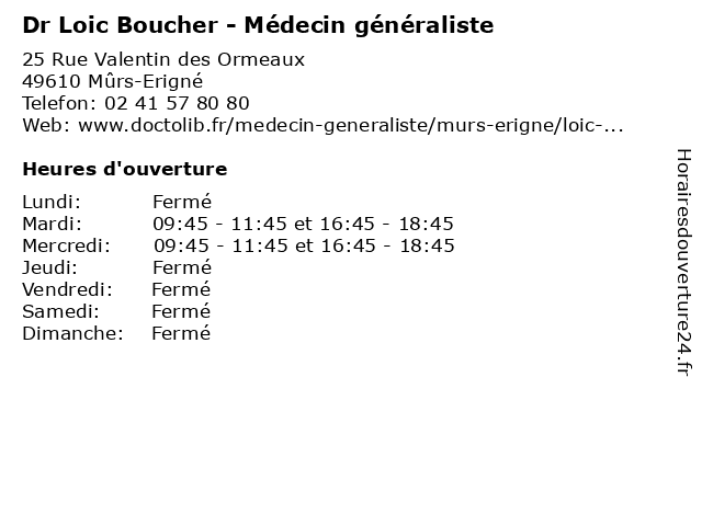 Dr Loic Boucher - Médecin généraliste à Mûrs-Erigné: adresse et heures d'ouverture