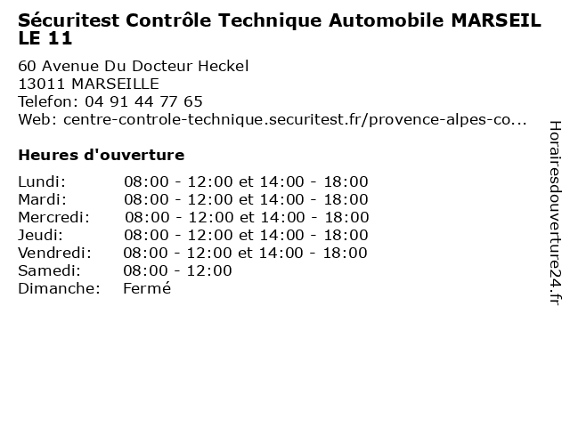 Sécuritest Contrôle Technique Automobile MARSEILLE 11 à MARSEILLE: adresse et heures d'ouverture