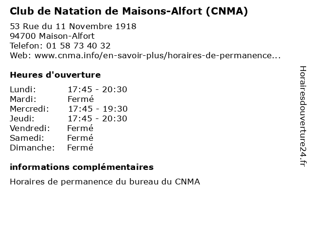 Club de Natation de Maisons-Alfort (CNMA) à Maison-Alfort: adresse et heures d'ouverture