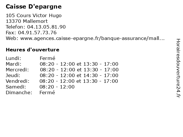 Horaires Caisse D'épargne Marseille ᐅ Horaires d'ouverture „Caisse D'epargne“ | 8 Cours Victor Hugo à Mallemort