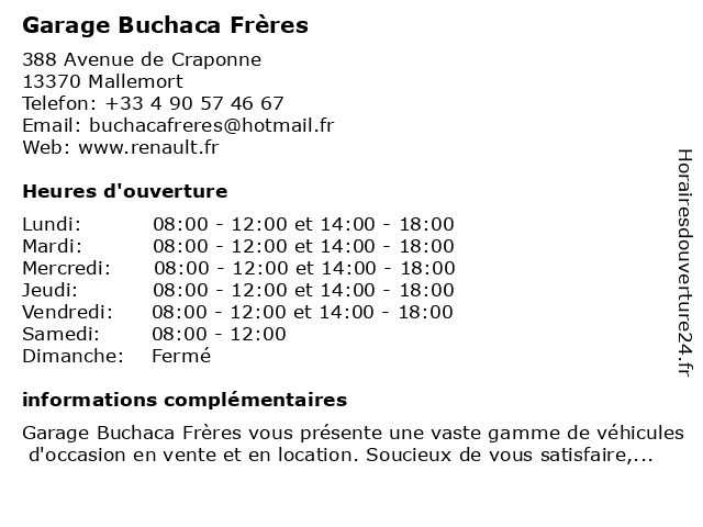 Garage Buchaca Frères à Mallemort: adresse et heures d'ouverture