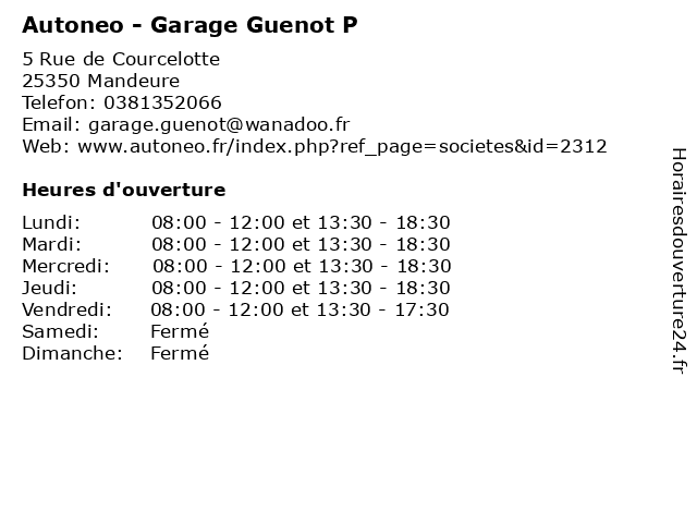 Autoneo - Garage Guenot P à Mandeure: adresse et heures d'ouverture
