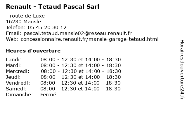 Renault - Tetaud Pascal Sarl à Mansle: adresse et heures d'ouverture