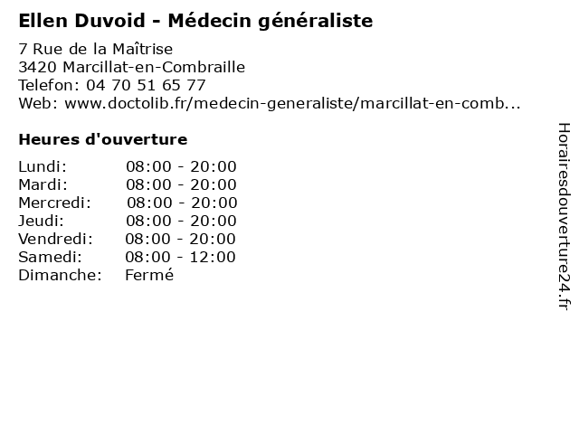 Ellen Duvoid - Médecin généraliste à Marcillat-en-Combraille: adresse et heures d'ouverture