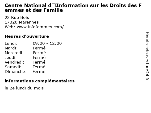 Centre National d’Information sur les Droits des Femmes et des Famille à Marennes: adresse et heures d'ouverture