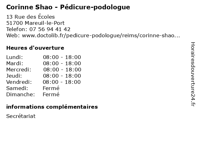 Corinne Shao - Pédicure-podologue à Mareuil-le-Port: adresse et heures d'ouverture